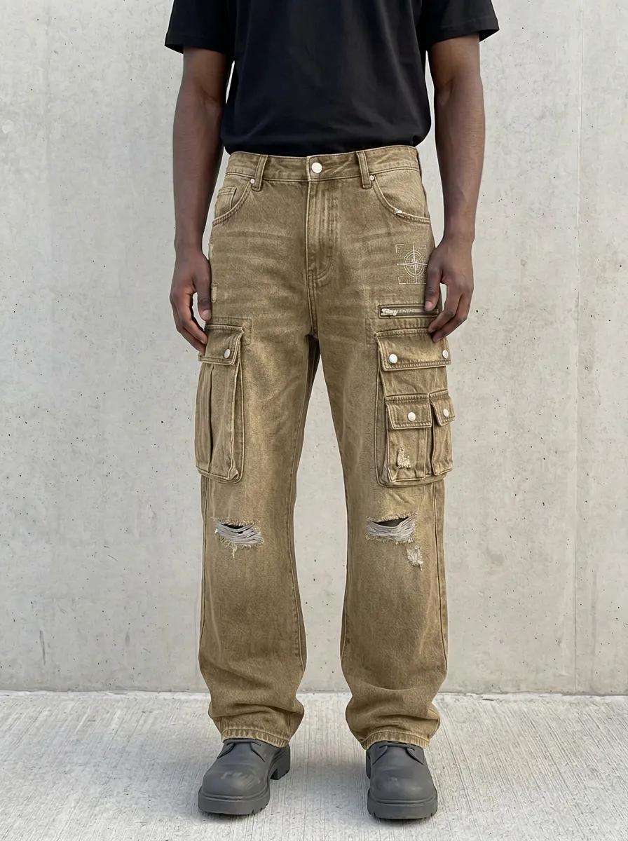Men's Washed Black Graphic Detail Zip-Pocket Relaxed Denim Cargo Pants