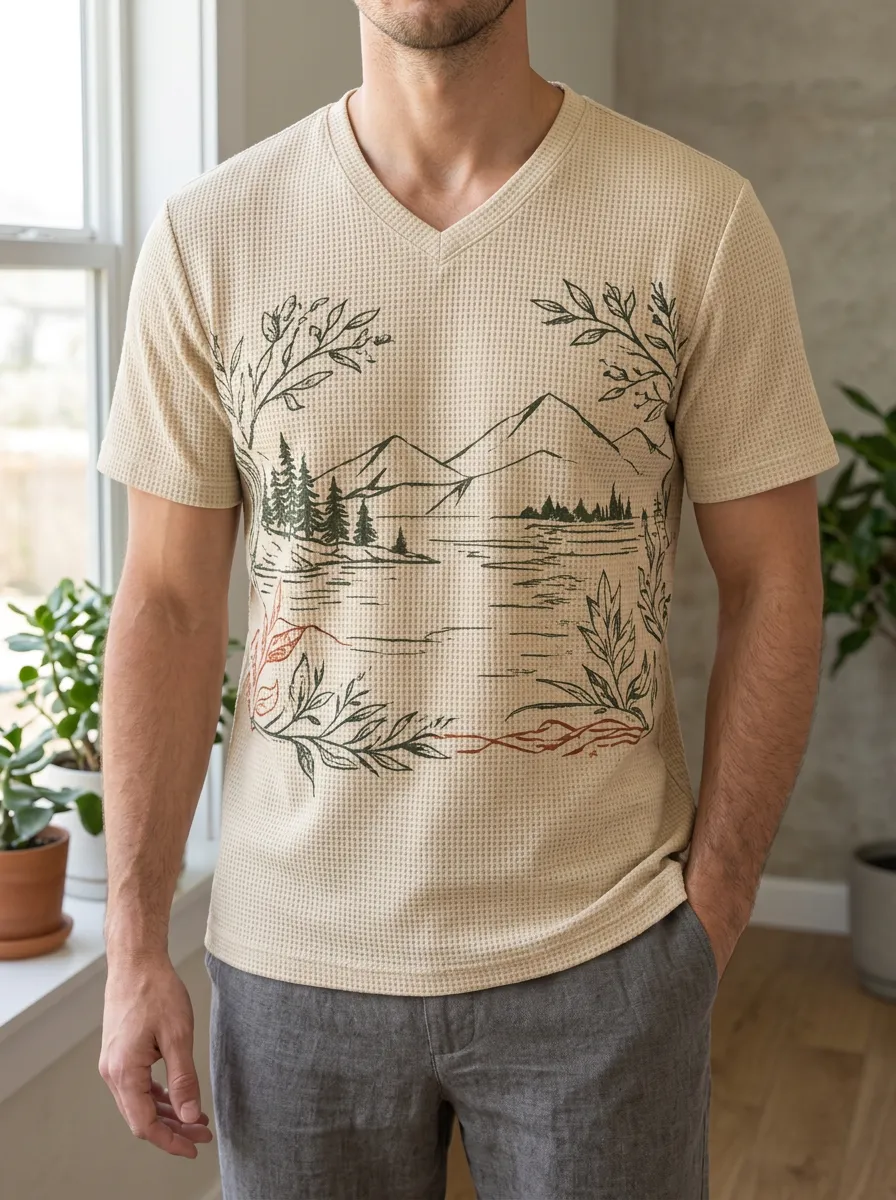 Men's Scenic Nature Lover Mountain Forest Landscape V-Neck T-Shirt