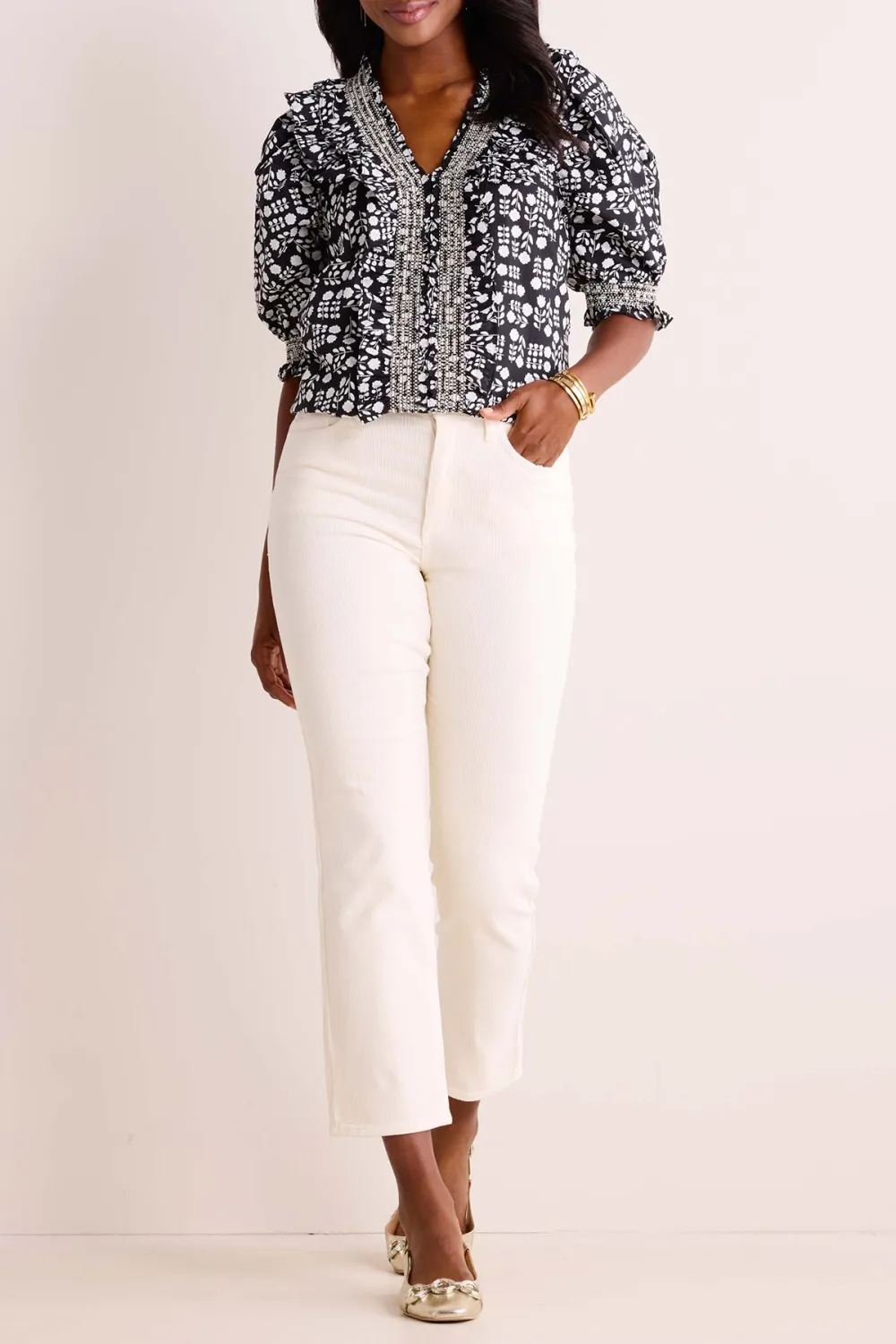 Printed Puff Sleeve V-Neck Ruffled Top
