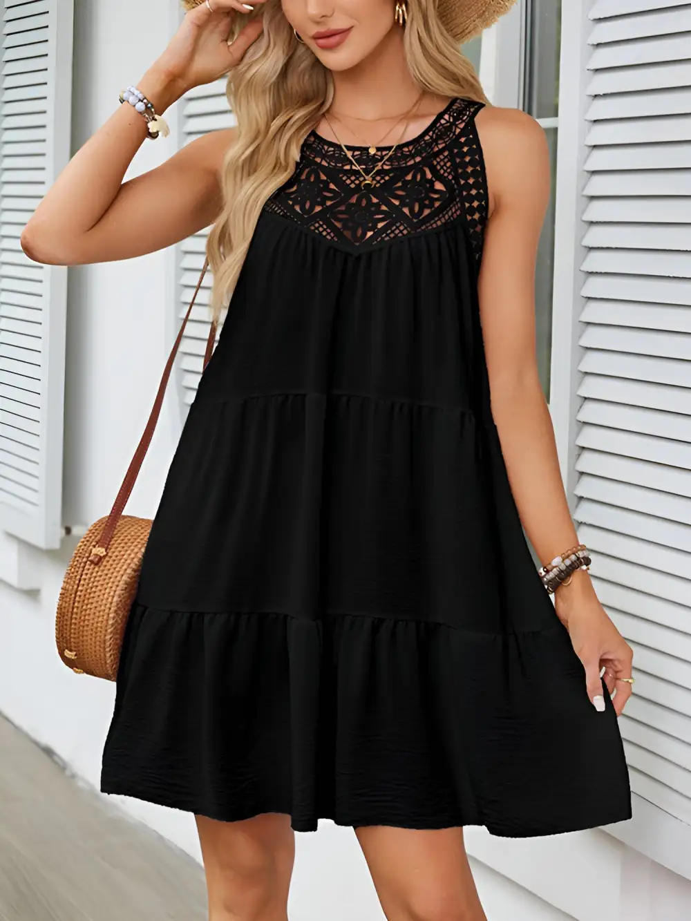 Boho Lace Sleeveless Tiered Above-Knee Length Dress