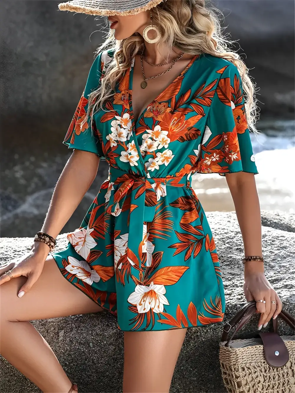 Floral Short-Sleeve V-Neck Tie-Waist Beach Romper