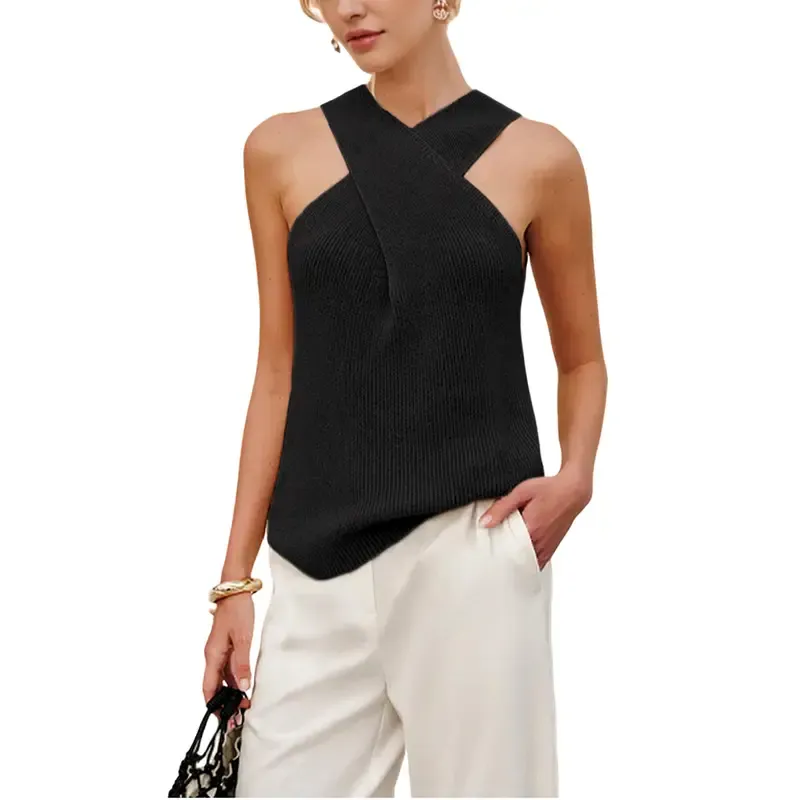 Tanming Women's Halter Cross Over Collar Tank Knit Sleeveless Camisole Top