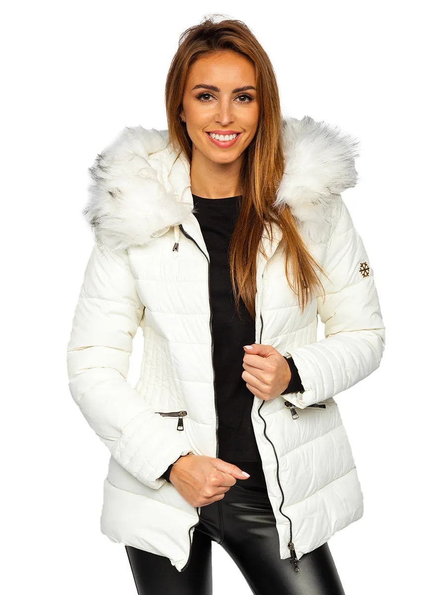 White women's quilted winter jacket with hood