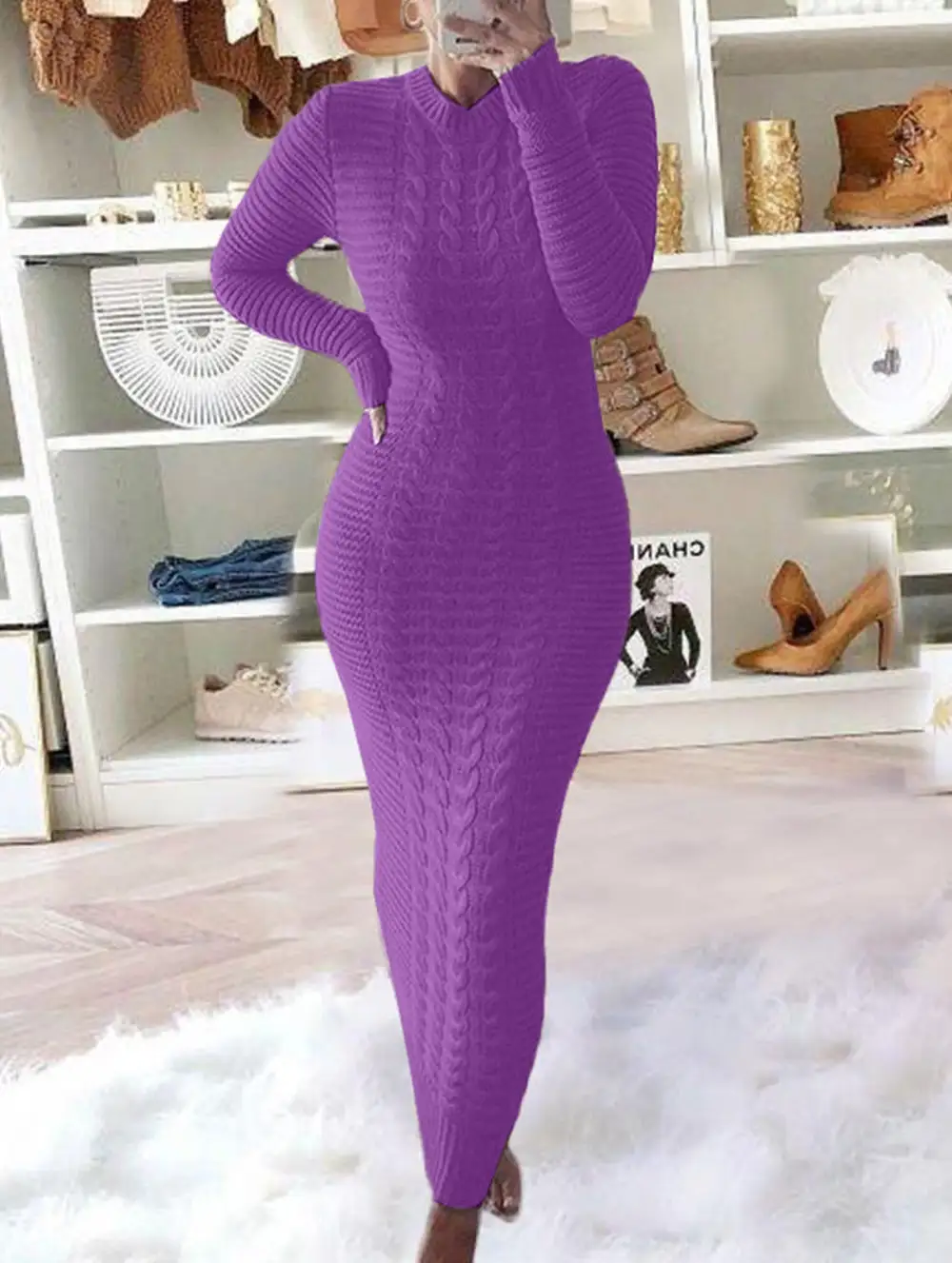 Cable Knit Long-Sleeved Wool Dress
