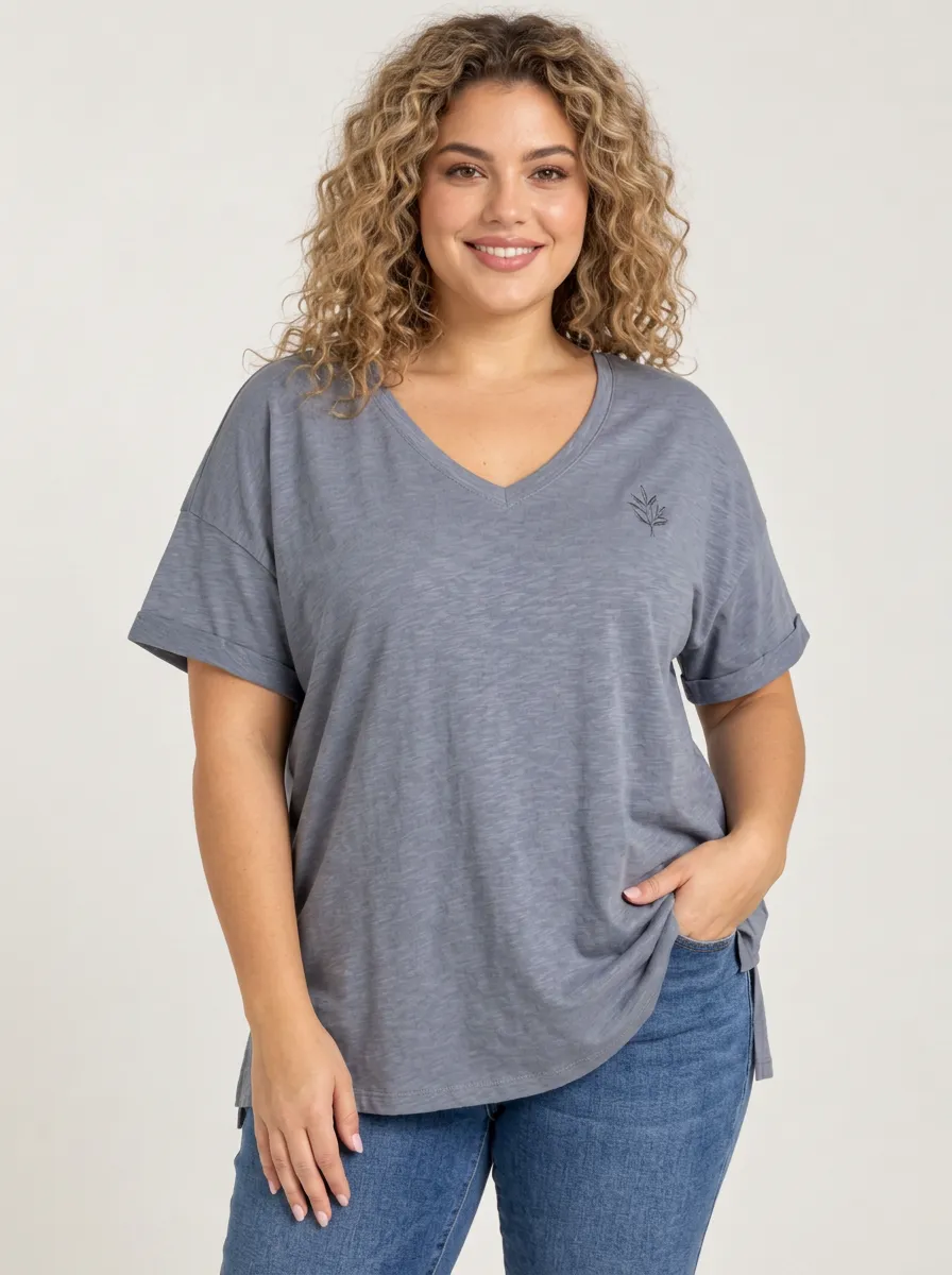 Casual Layering Plus Size V Neck Relaxed Fit Women's Plus Size V Neck Loose Fit Tee