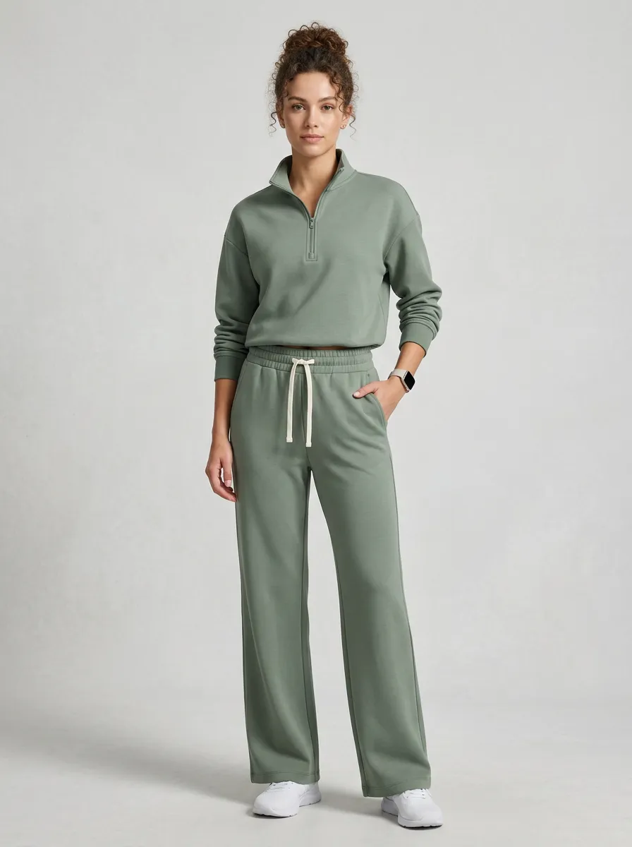 Women's Sage Green Quarter Zip Pullover Wide Leg Lounge Set