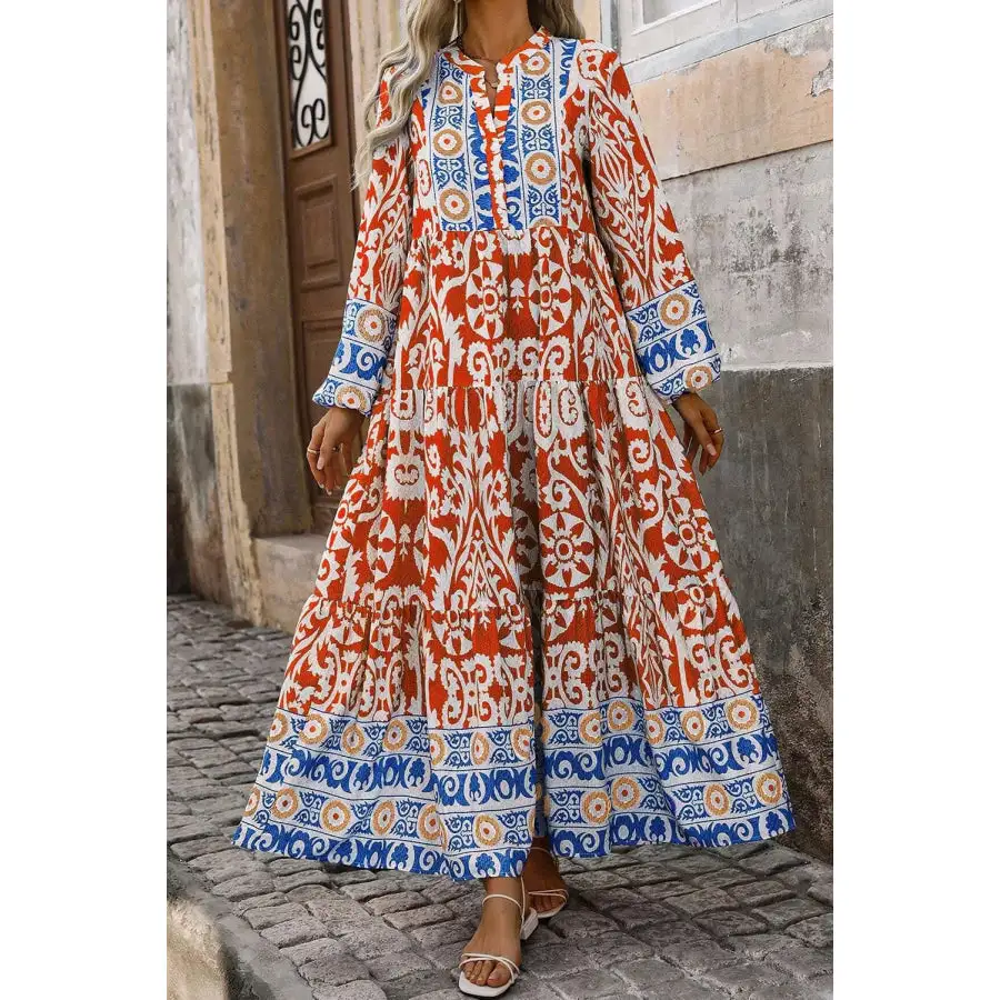 Printed Notched Long Sleeve Maxi Dress