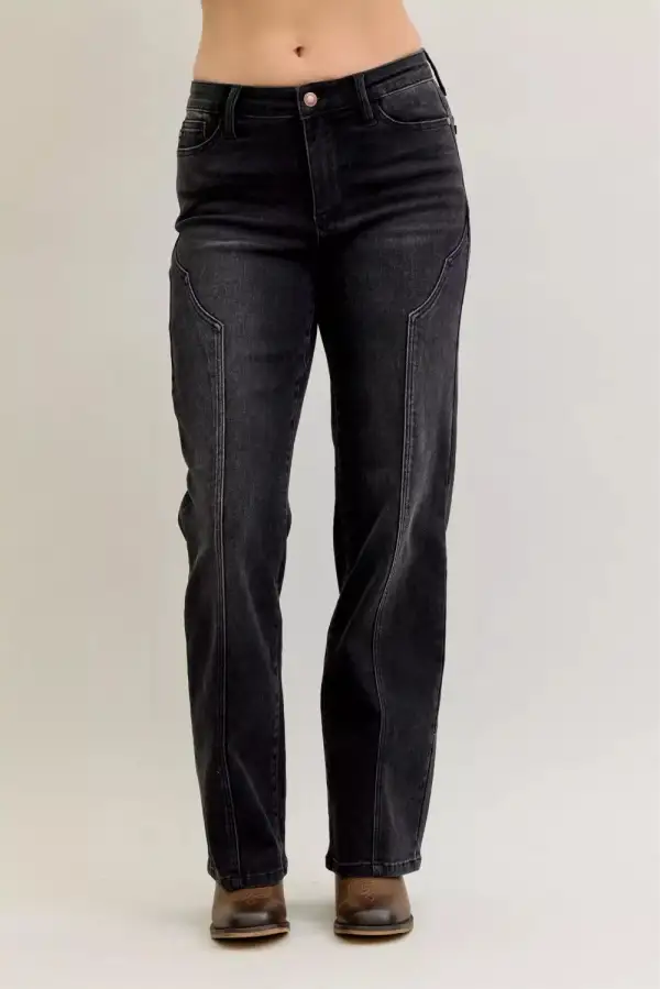 Relaxed Mid-Rise Washed Pocketed Stretch Straight Leg Jeans