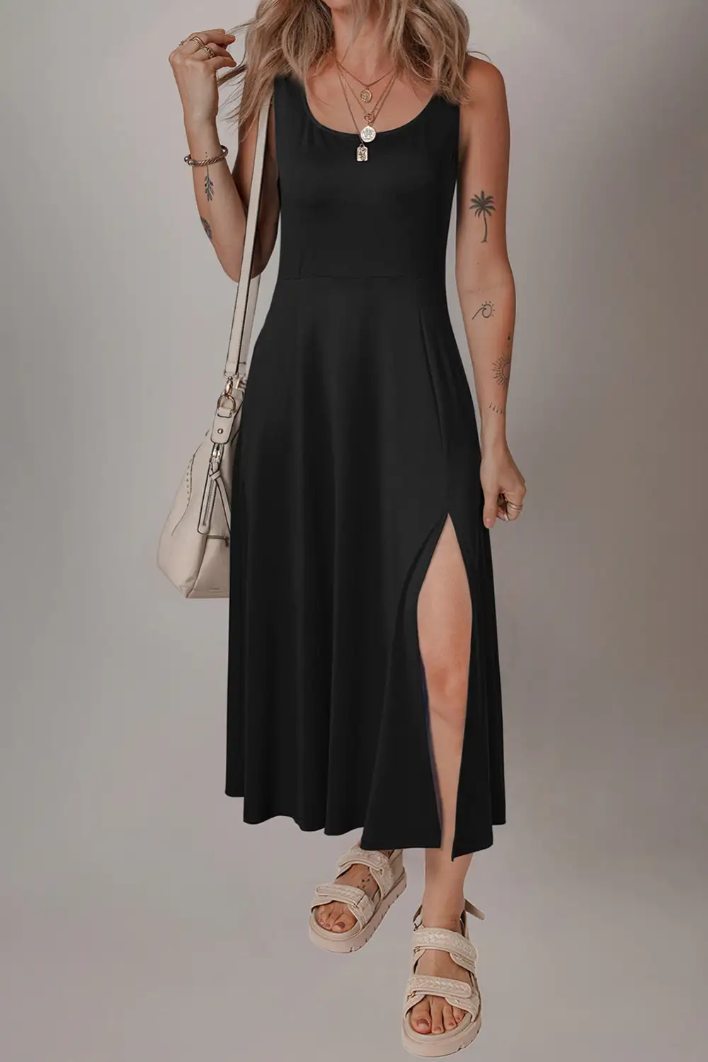 Sleeveless Scoop Neck Flared Side Slit Midi Dress