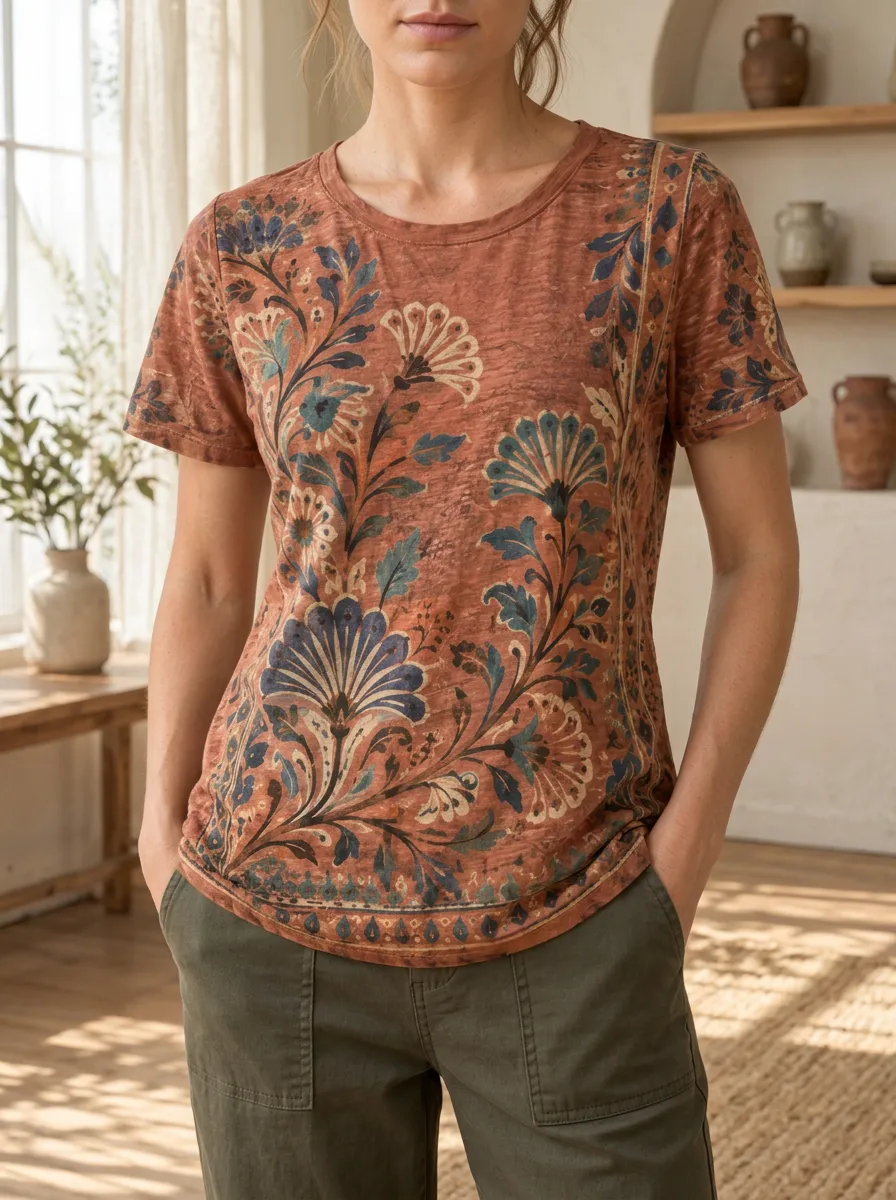 Women's Garden Boho Floral Pattern Crew Neck T-Shirt