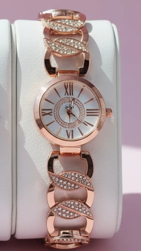 Round Face Crystal Link Fashion Watch