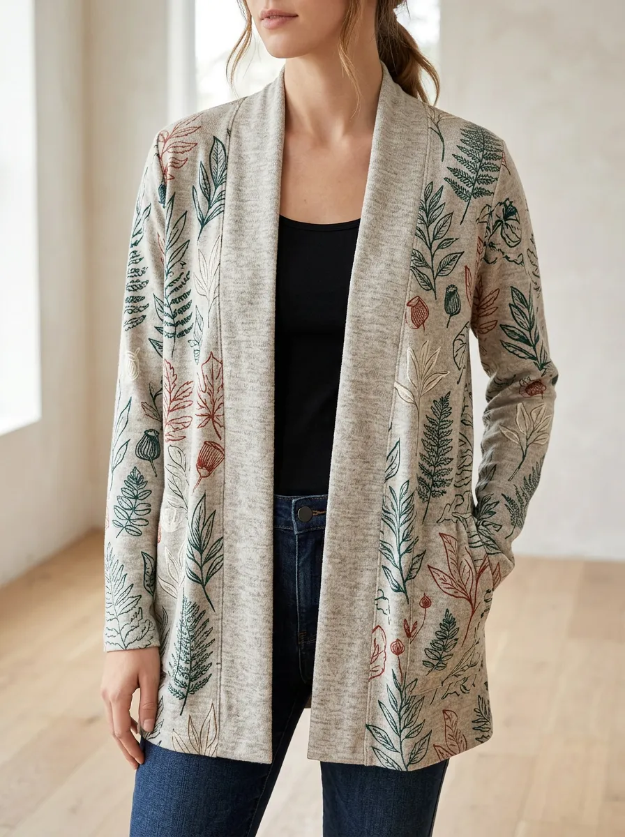 Women's Nature Lover Botanical Fern Leaf Printed Cardigan