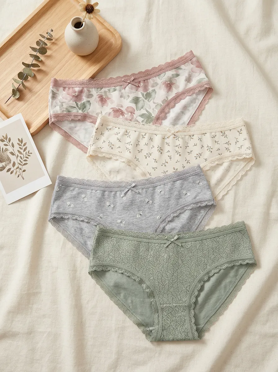 Women's Lace Trim Floral Leaf Pattern Printed 4-Piece Panty Set