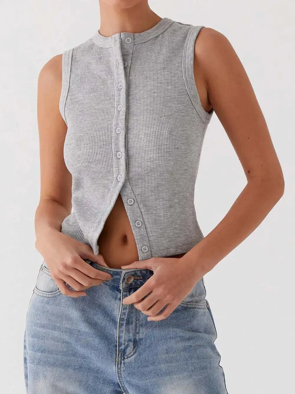 Button Up Round Neck Tank
