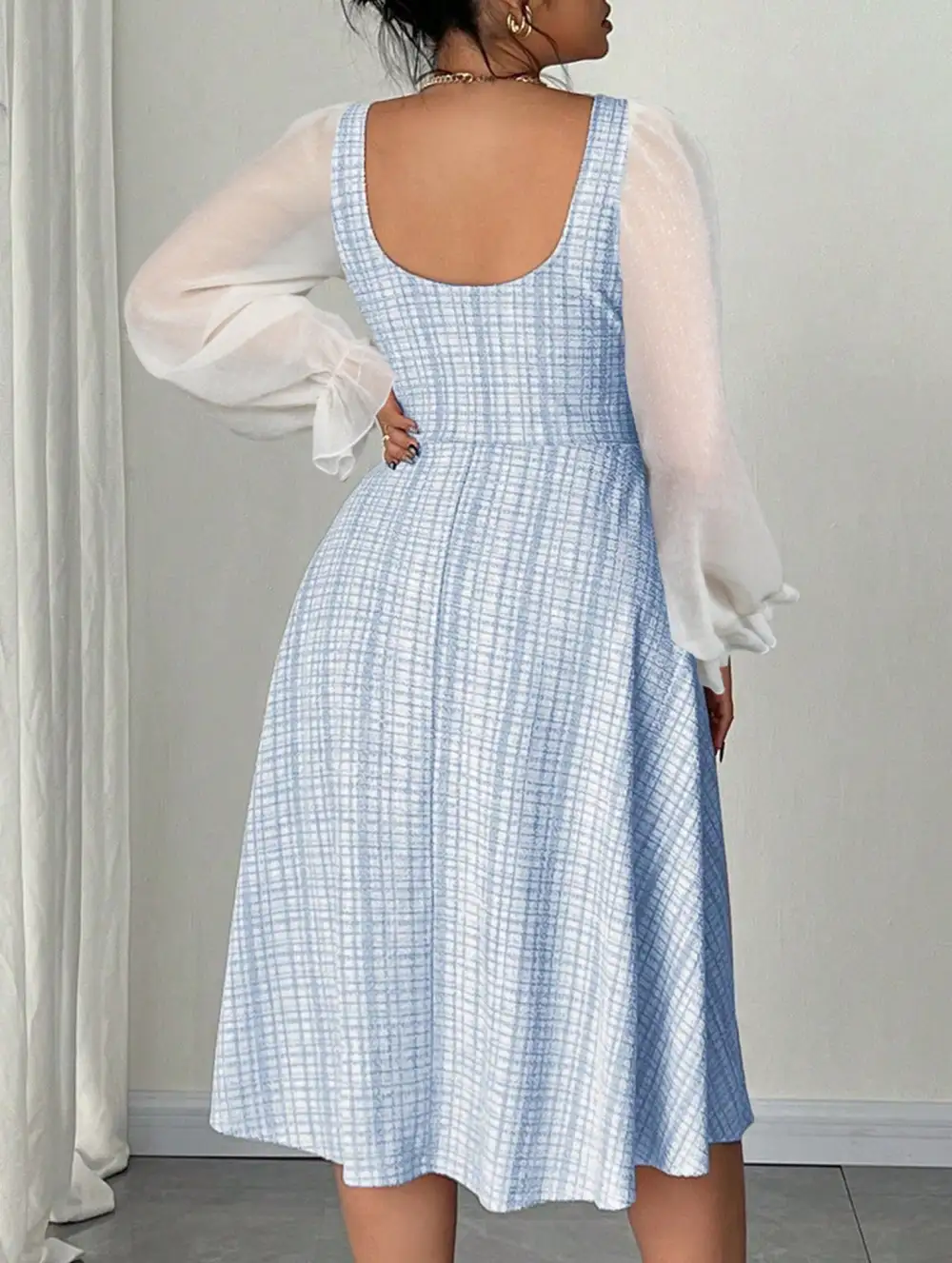 Chiffon Patchwork Sleeve Backless High Waisted Dress