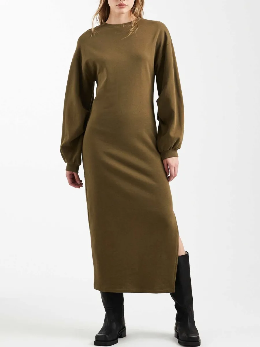 Lantern-Sleeve Split Midi Dress