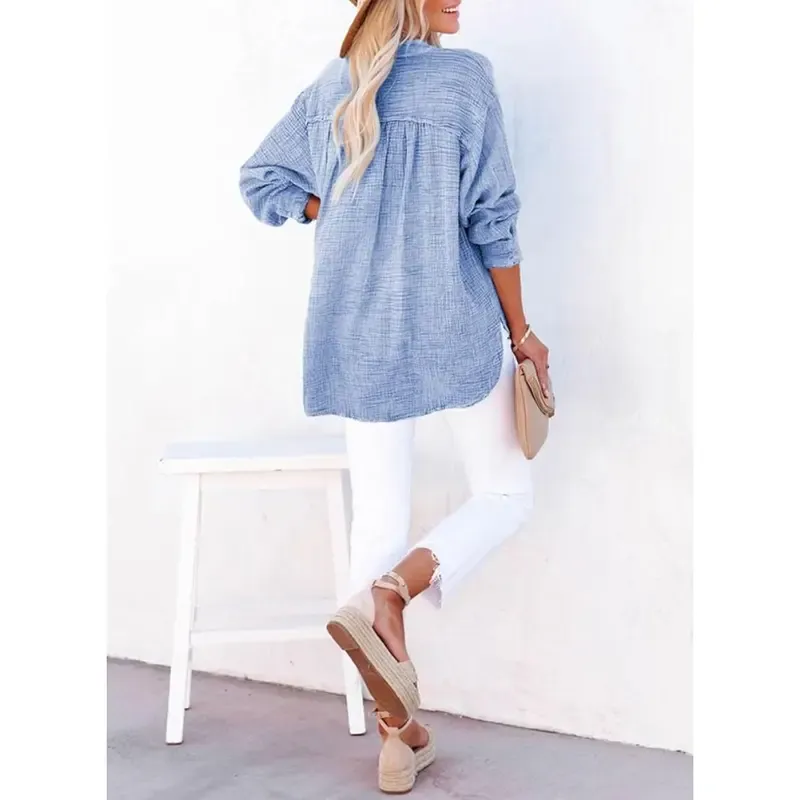 🔥Last Day 49% Offer-Women's Casual Button V Neck Long Sleeve Shirts Oversized Solid Blouses Tops 100% Cotton Boyfriend Style Loose Fit
