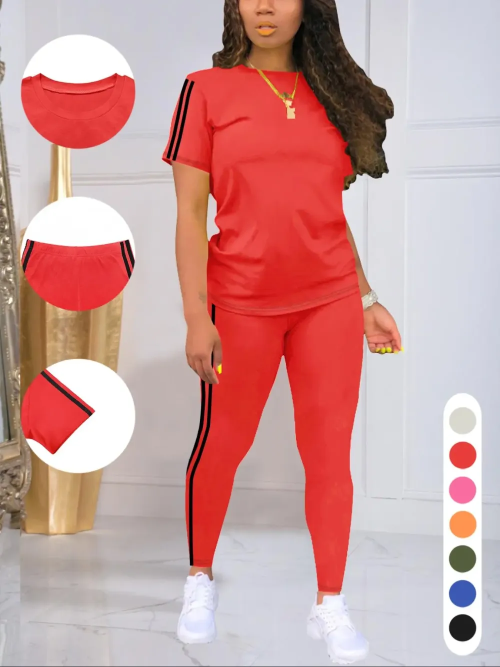 Women's Chic Side-Stripe Lounge Set – Casual Tee & Pants Two-Piece Outfit