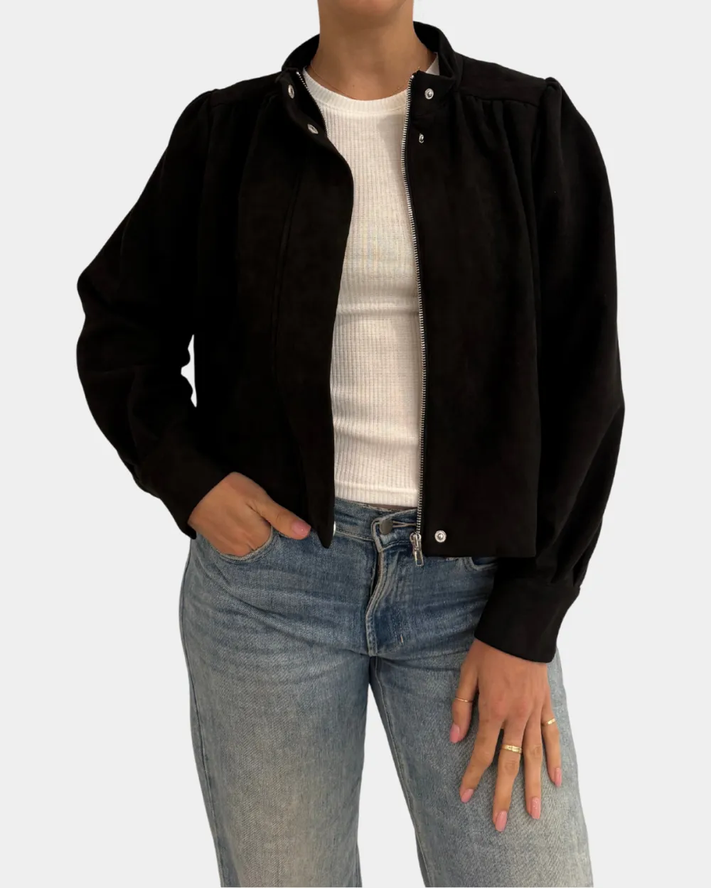 Suede Mock Neck Zip Front Jacket