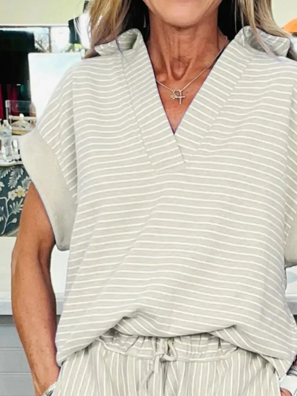 Relaxed Stripe Dolman Sleeve Polo Shirt Drawstring Shorts