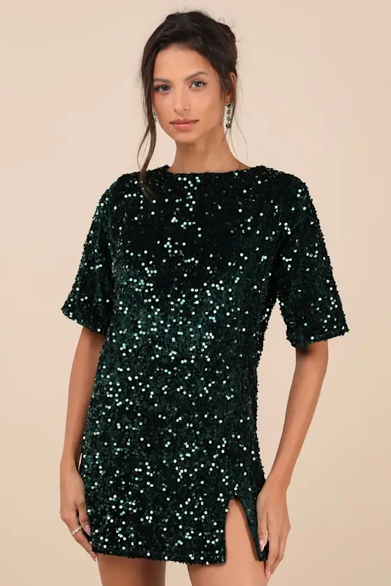 Marca Emerald Green Sequin Tie-Back Short Sleeve Shift Dress