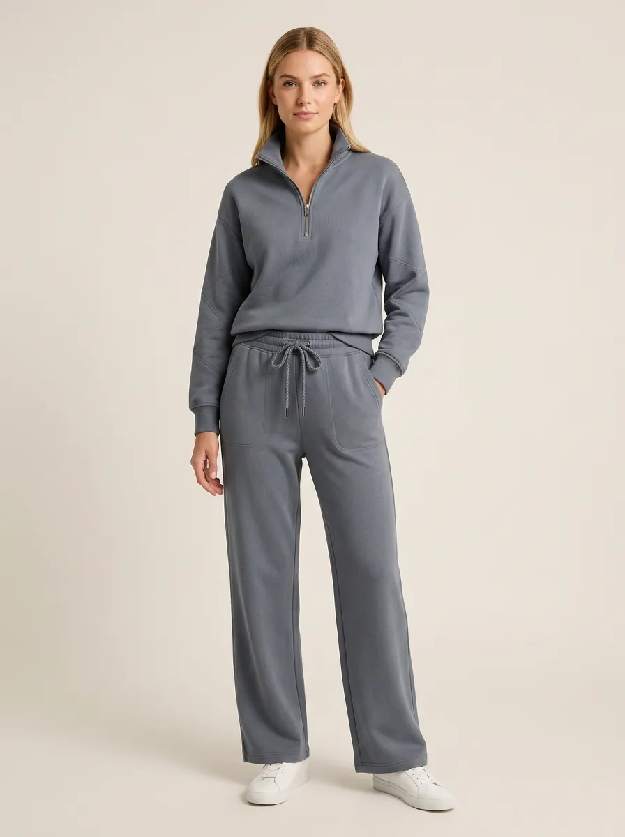 Women's Casual Solid Grey Quarter-Zip Sweatshirt and Wide-Leg Pants Lounge Set