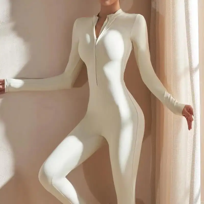 Athletic Zipper-Front Long-Sleeve Workout Jumpsuit