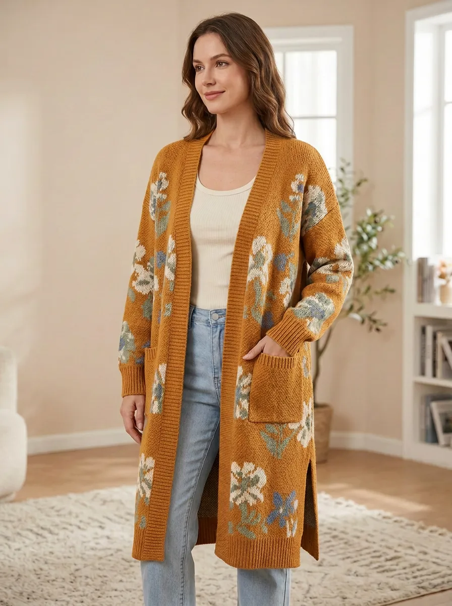 Women's Floral Pattern Knit Open- Design Ribbed Placket Long Cardigan