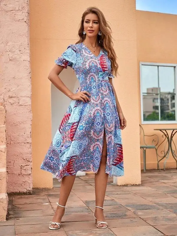 Women Split Hem Shirred Waist Dress