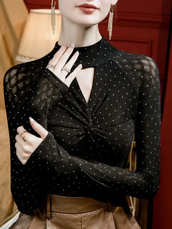 Long Sleeve Curve Fit Cutout Knot Polka Dot Rhine Stones Panel Detail Mock Neck T-Shirt