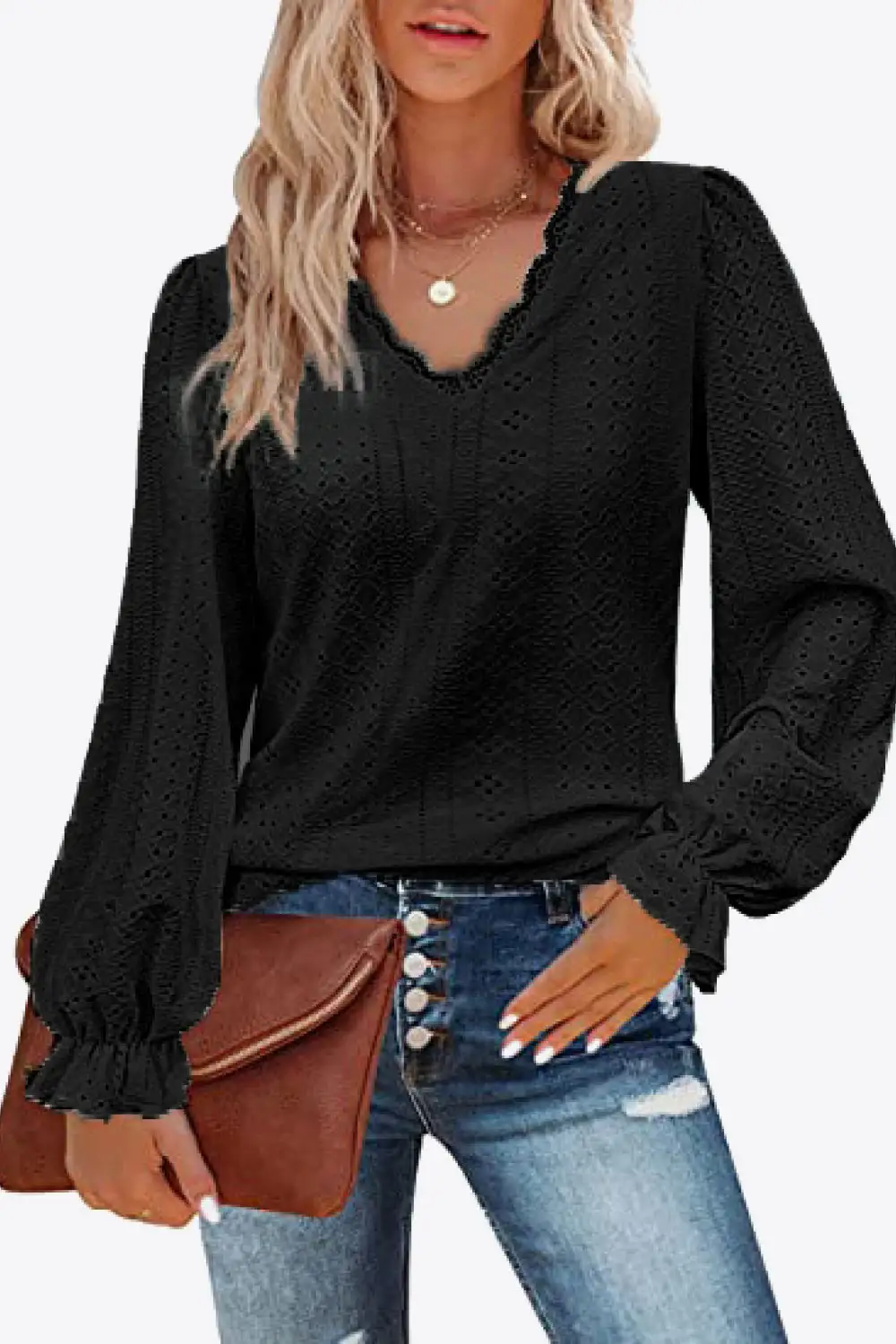 Everyday Soft Eyelet V-Neck Blouse