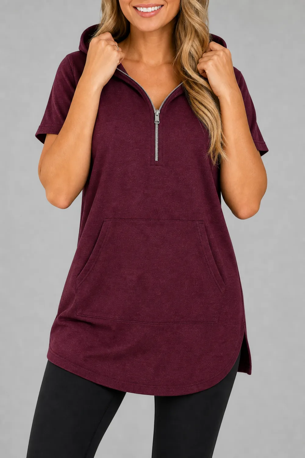 Women's Knit Half-Zip Hooded Tunic Top