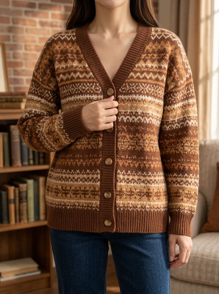 Women's Vintage Fair Isle Brown Pattern Printed Cardigan
