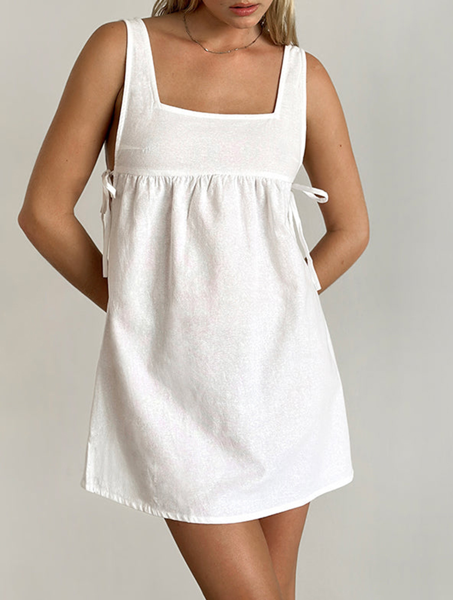 Tie Side Mini Dress In Linen White