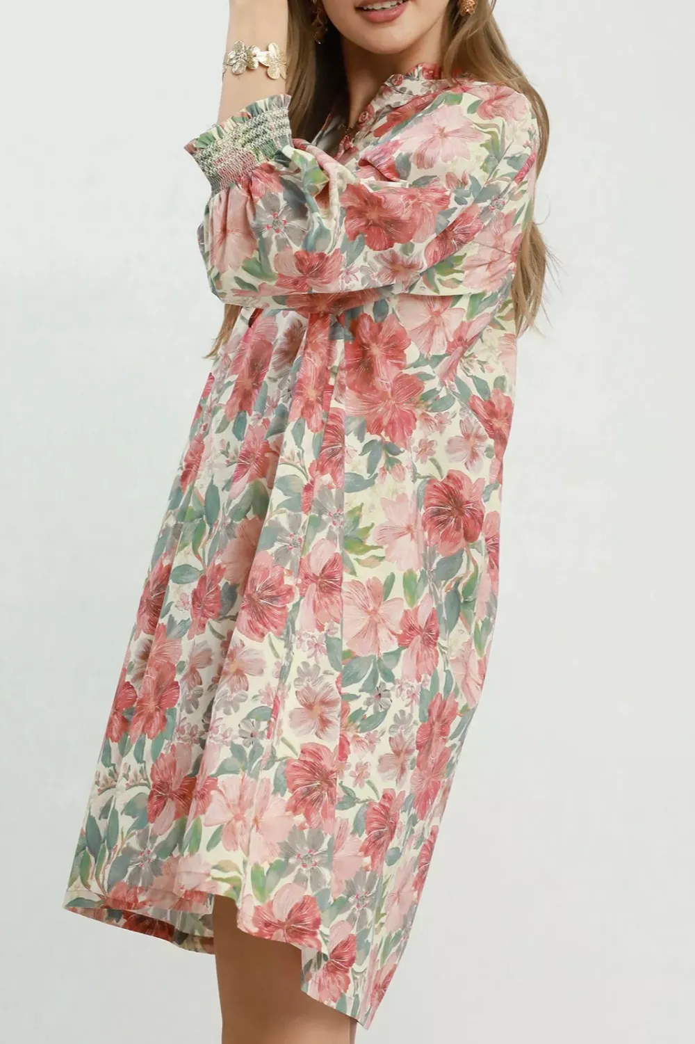 Lightweight Floral Print Smocked Cuff Mini Dress