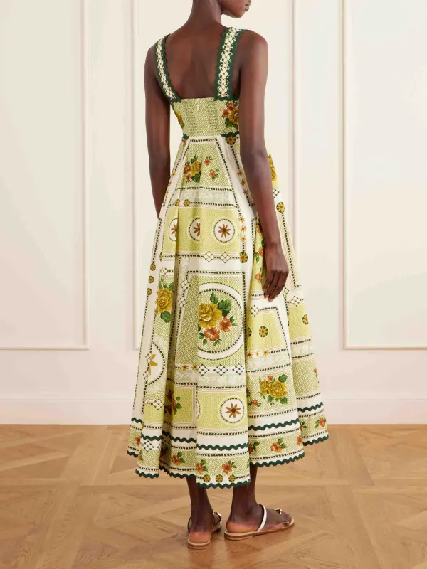 Floral Print Scalloped Trim Midi Dress
