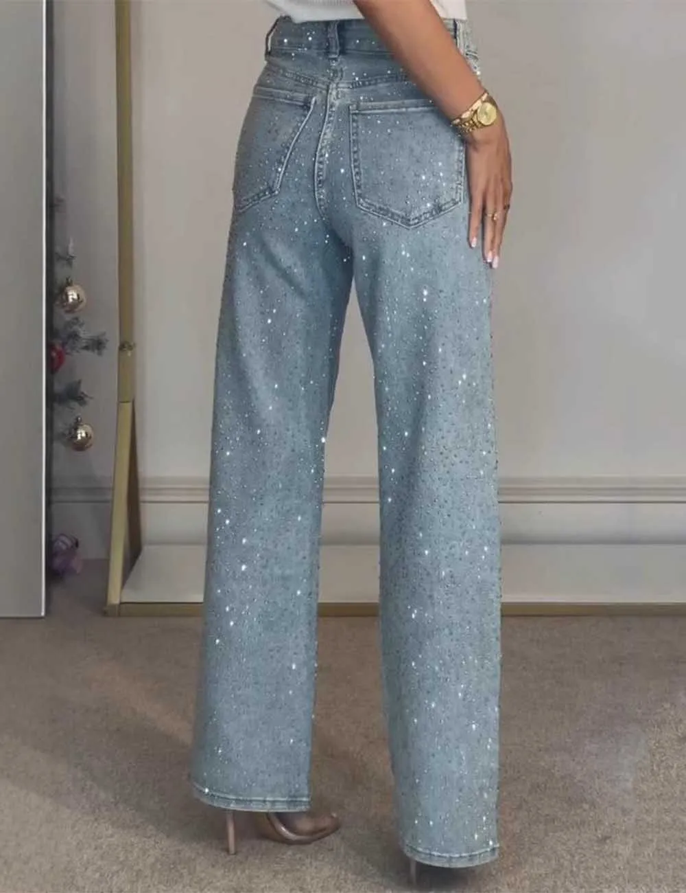 Rhinestone Button Pocket Straight Denim Pants