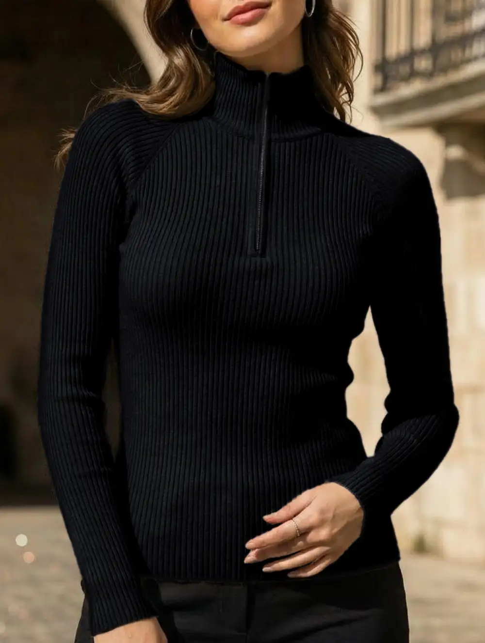 Zipper Collar Knitted Base Short Sleeve Shirt