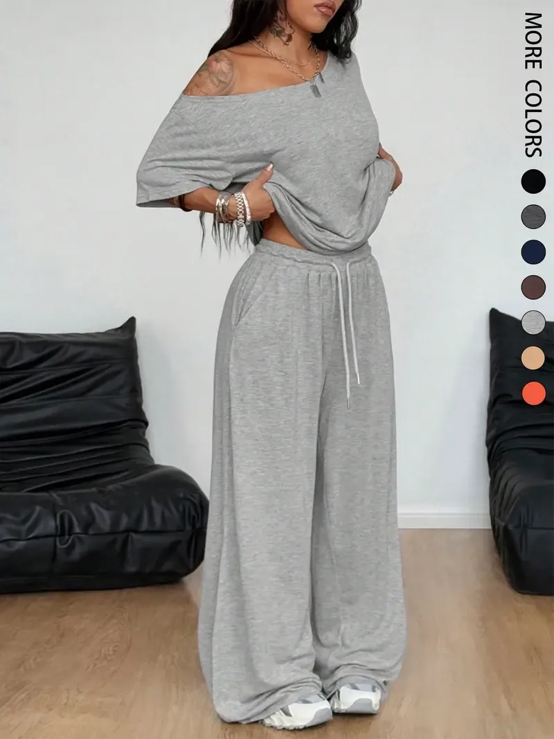 🔥Hot Sale💥Women's Off-Shoulder T-Shirt And Wide-Leg Pants Two-Piece Set🔥8-SETS- All Colors Included