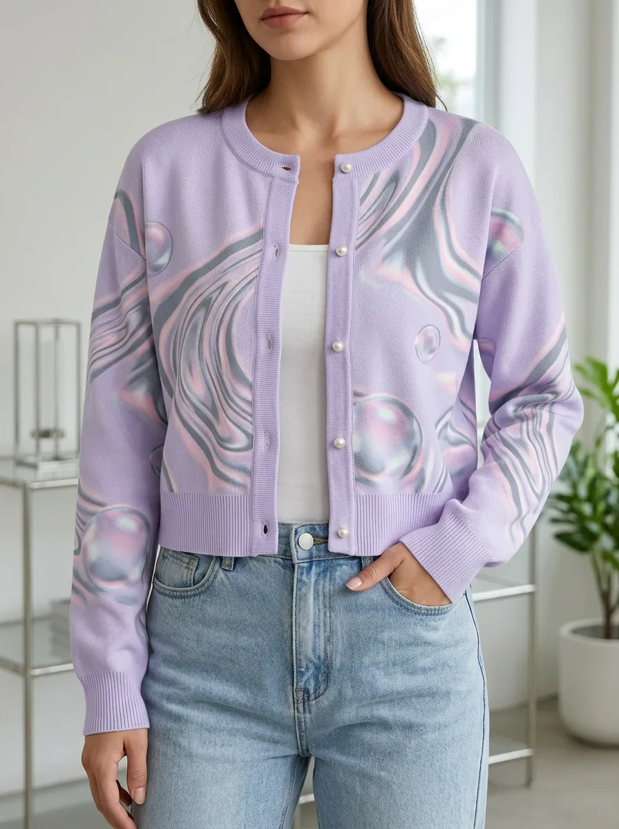 Women's Purple Abstract Bubble Printed Cardigan