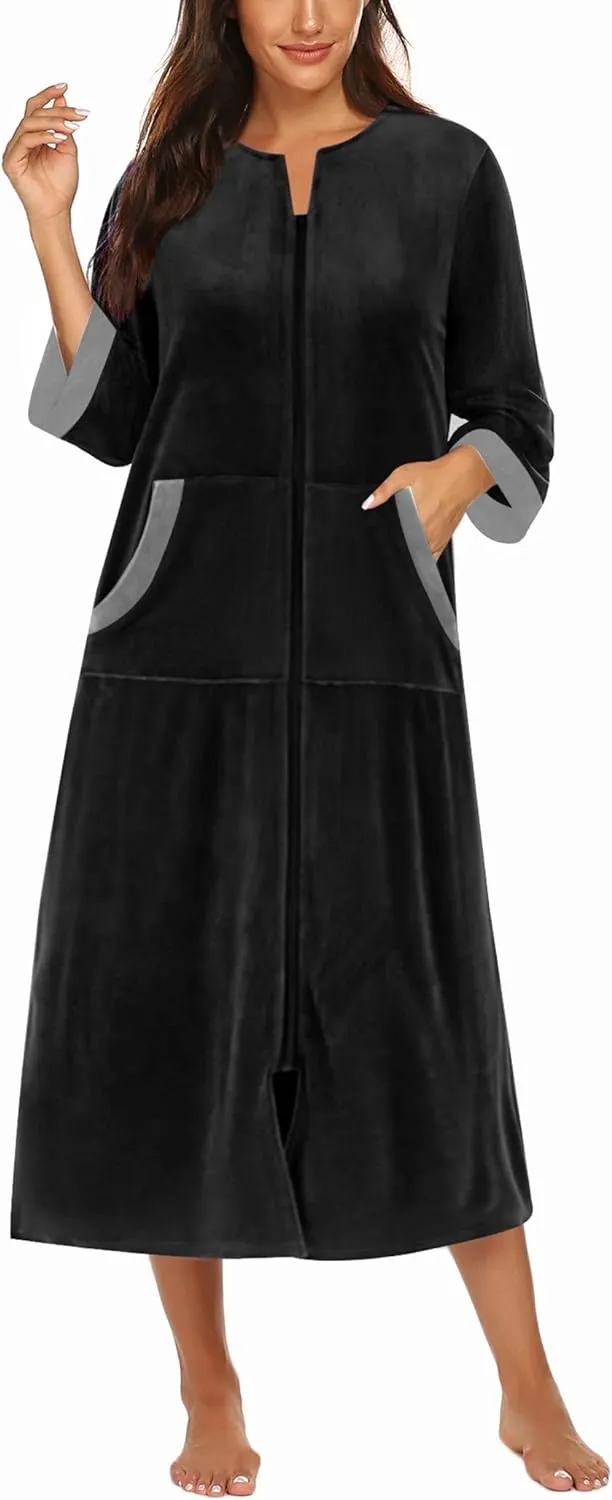 50% OFF Women Zipper Robe 3/4 Sleeves Loungewear Dress Full Length Sleepwear Pockets Housecoat Nightgown Long Bathrobe