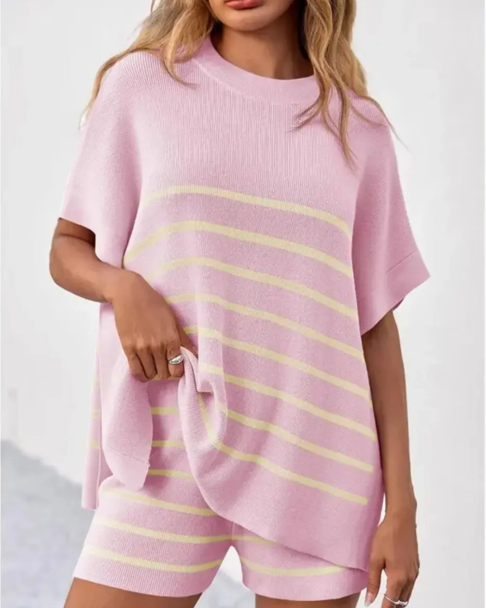 Striped Batwing Top and High-Waist Shorts Two-Piece Lounge Set