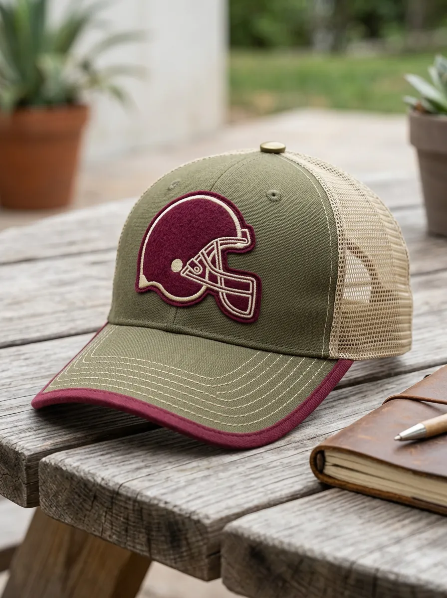 Men's Football Fan Maroon Helmet Embroidered Mesh Trucker Hat