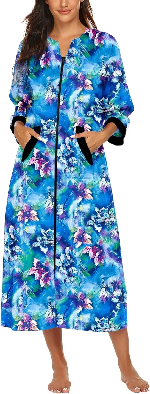 50% OFF Women Zipper Robe 3/4 Sleeves Loungewear Dress Full Length Sleepwear Pockets Housecoat Nightgown Long Bathrobe