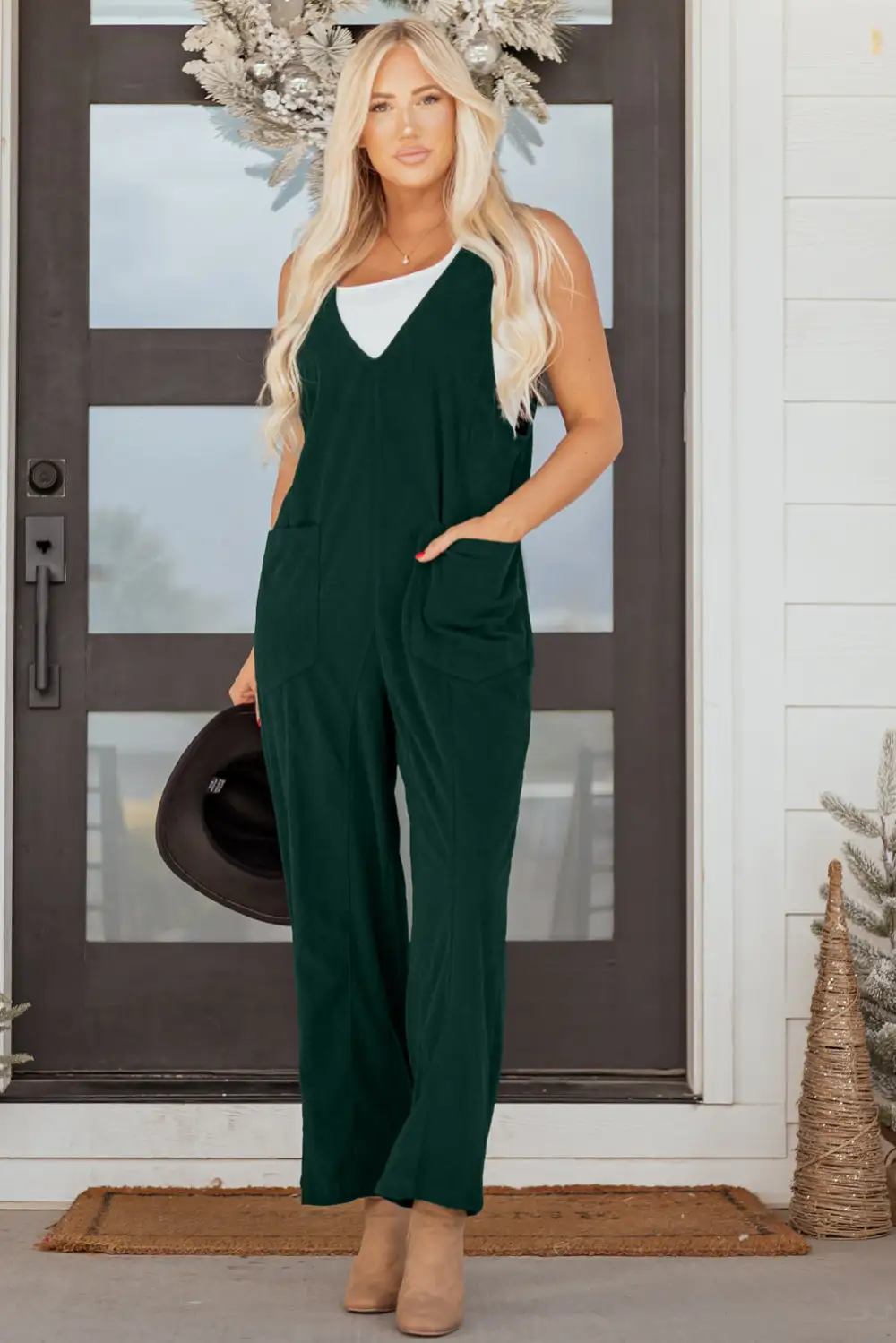 Evergreen Corduroy V Neck Patched Pocket Jumpsuit