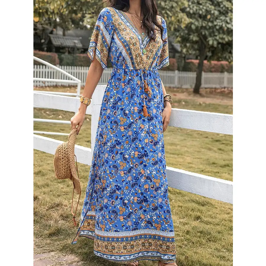 Slit Printed V Neck Half Sleeve Maxi Dress