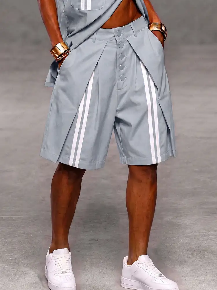 Men's Casual Patchwork Detail Button Front Stripe Shorts