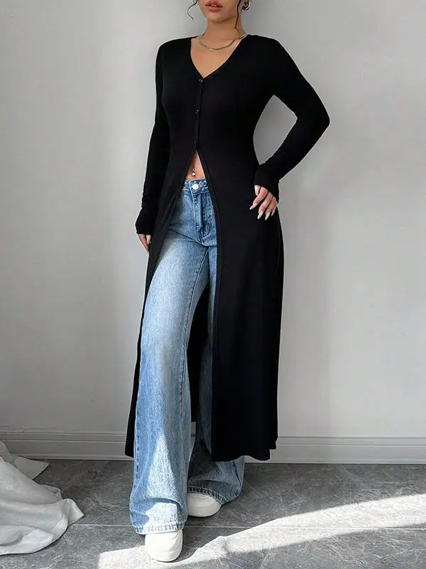 Long Sleeve Slim Fit Button Detail Front Slit V-Neck T-Shirt