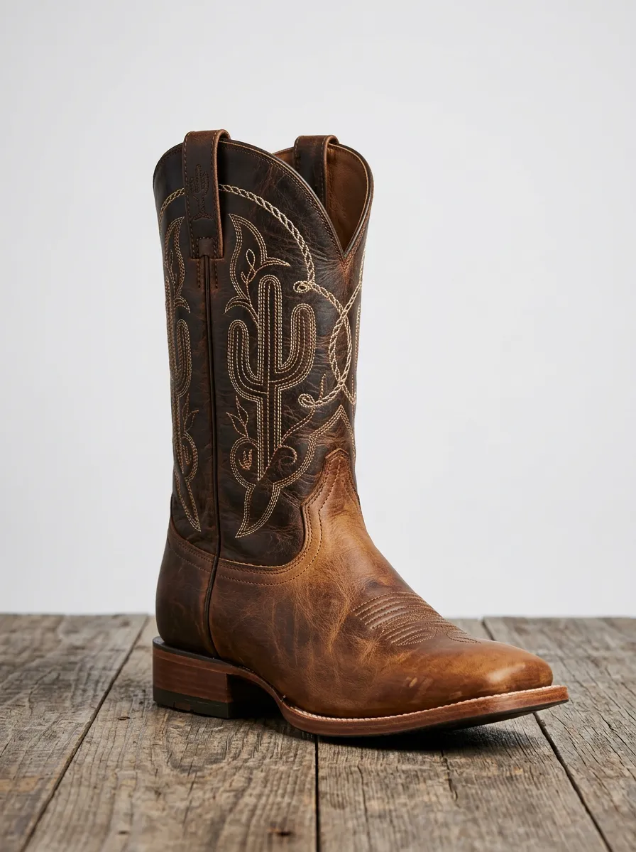 Men's Western Dark Brown Cactus Embroidered Cowboy Boots