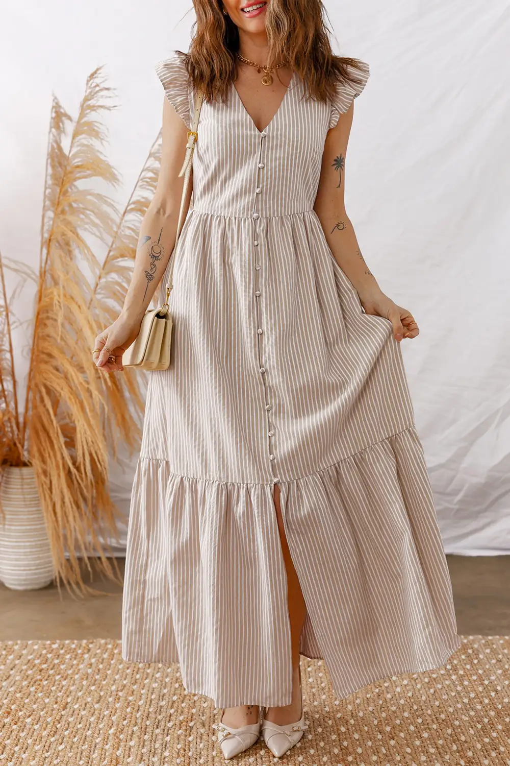 Striped Button Front Slit Maxi Dress
